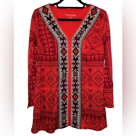 Soft Surroundings Kalahari Red Aztec Embroidered Long Sleeve Tunic Top- Size S - Picture 2 of 8